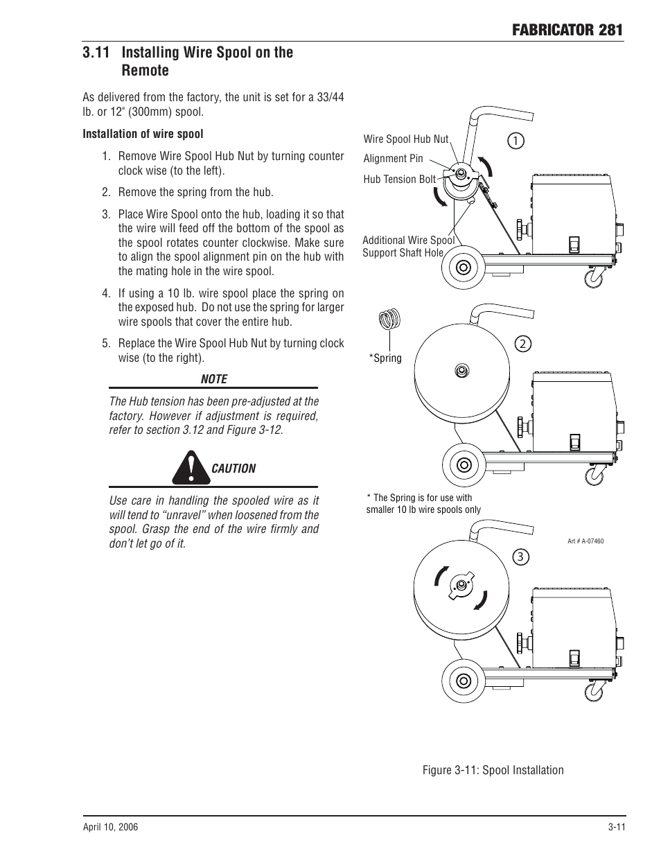 11 installing wire spool on the remote, 11 installing wire spool on the remote -11, Fabricator 281 | Tweco 281 Thermal Arc Fabricator User Manual | Page 33 / 76