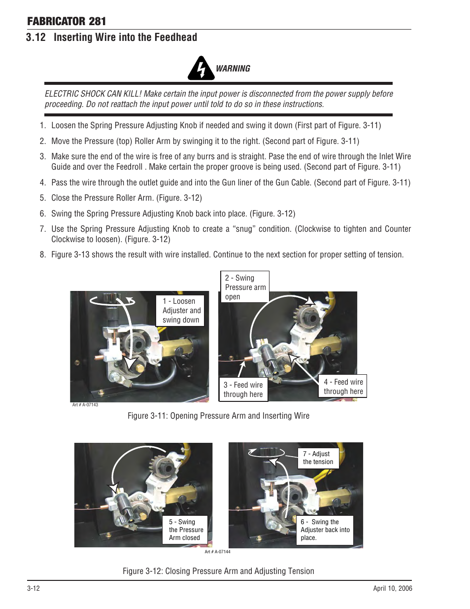12 inserting wire into the feedhead, 12 inserting wire into the feedhead -12, Fabricator 281 | Tweco 281 Thermal Arc Fabricator User Manual | Page 34 / 76