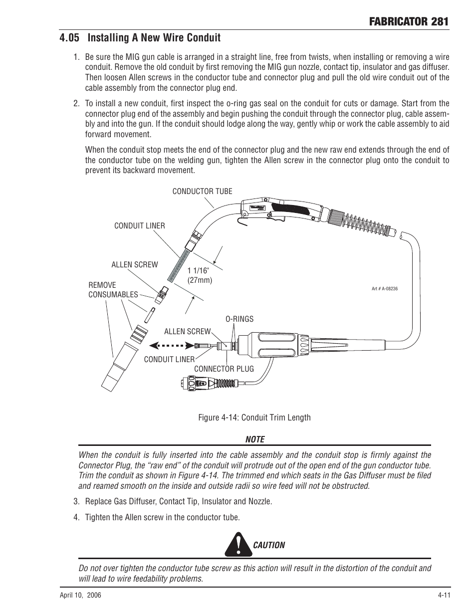 05 installing a new wire conduit, 05 installing a new wire conduit -11, Fabricator 281 | Tweco 281 Thermal Arc Fabricator User Manual | Page 49 / 76