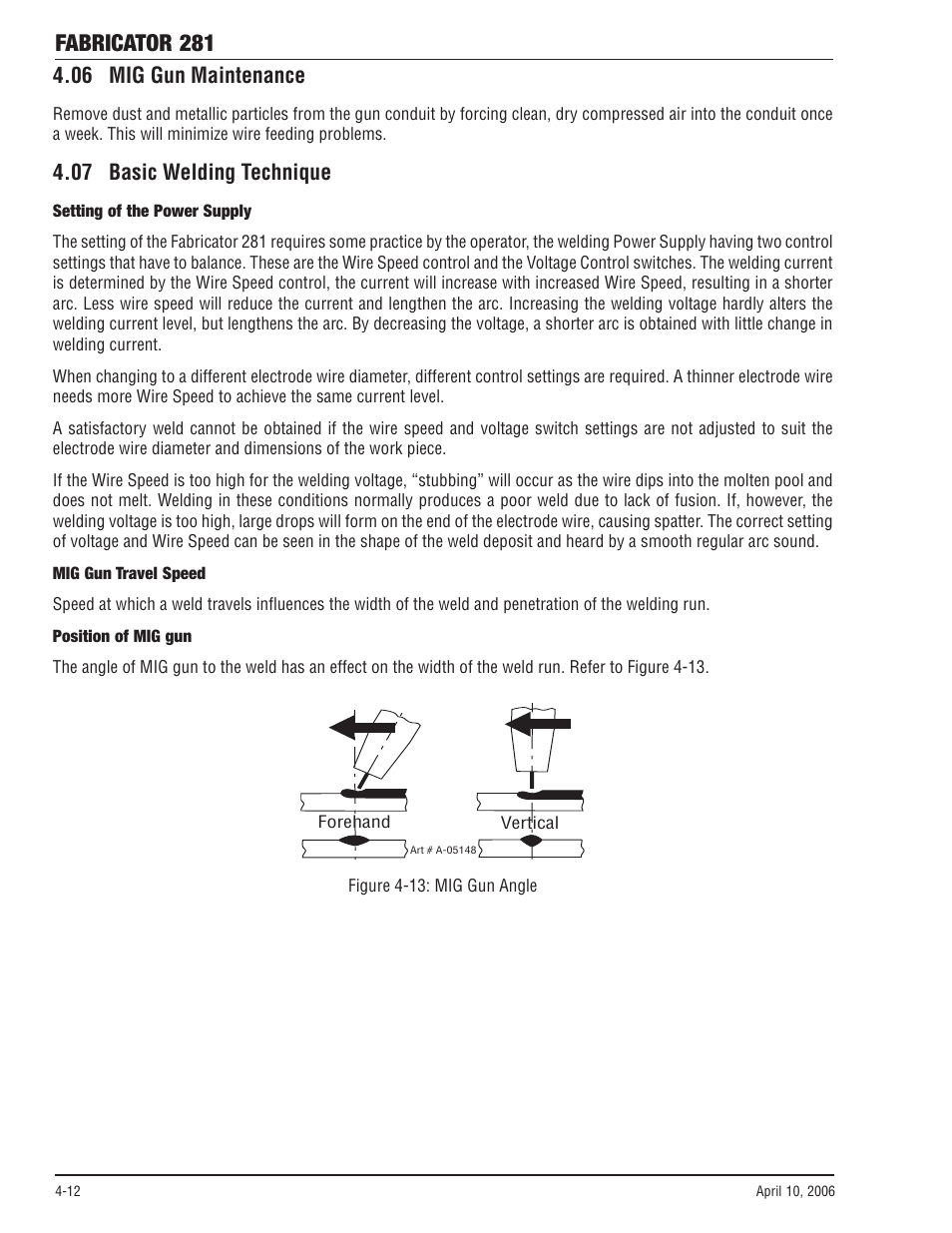 06 mig gun maintenance, 07 basic welding technique, Fabricator 281 | Tweco 281 Thermal Arc Fabricator User Manual | Page 50 / 76