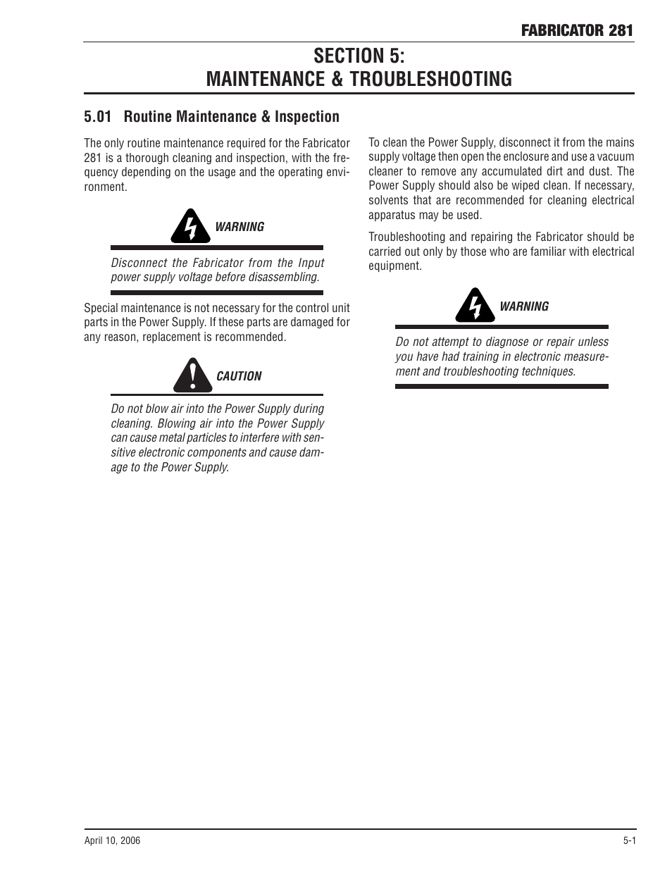 Section 5: maintenance & troubleshooting, 01 routine maintenance & inspection, Section 5 | Maintenance & troubleshooting -1, 01 routine maintenance & inspection -1, Fabricator 281 | Tweco 281 Thermal Arc Fabricator User Manual | Page 59 / 76
