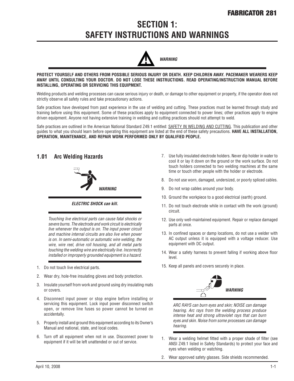 Section 1: safety instructions and warnings, 01 arc welding hazards, Section 1 | Safety instructions and warnings -1, 01 arc welding hazards -1, Fabricator 281 | Tweco 281 Thermal Arc Fabricator User Manual | Page 7 / 76