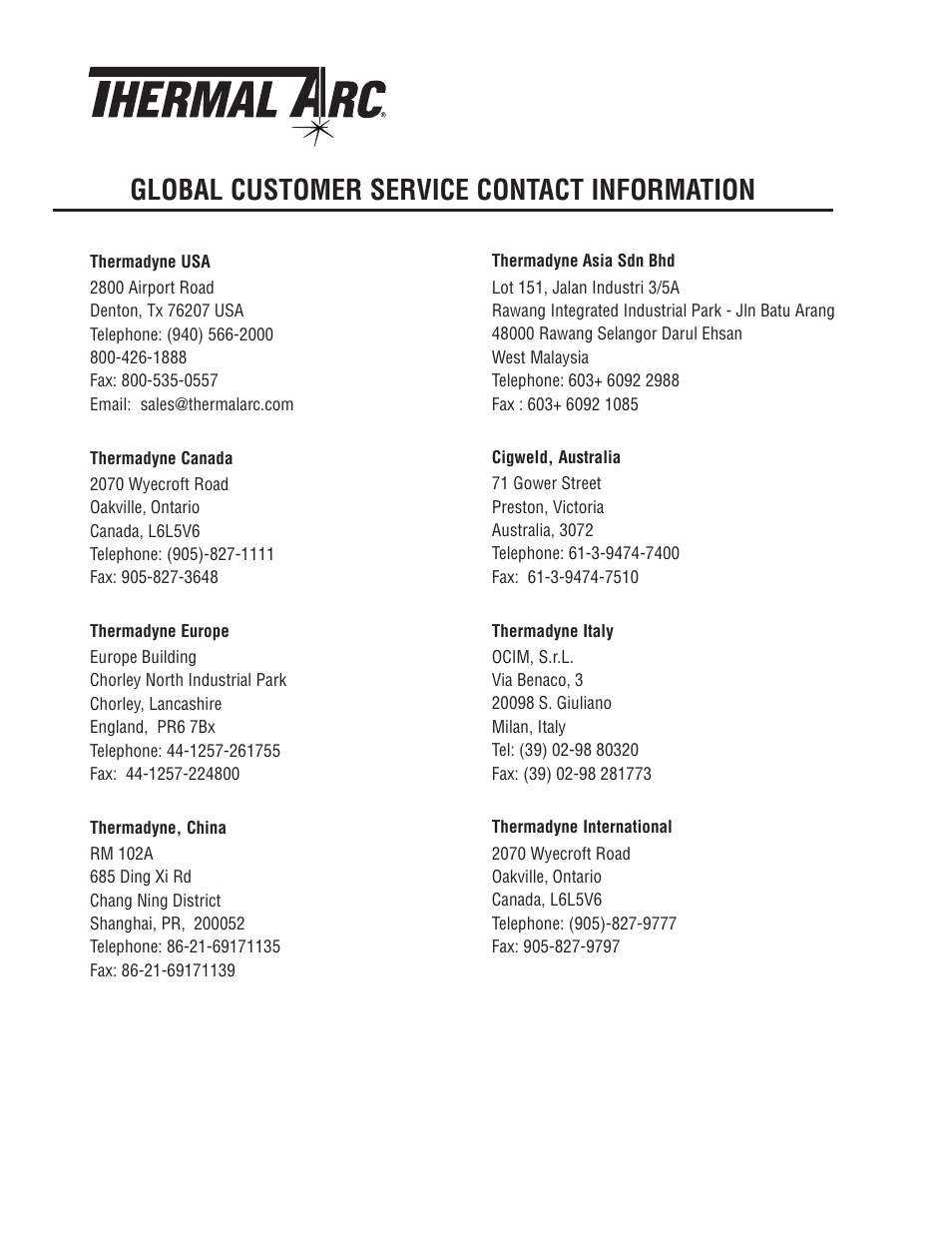 Global customer service contact information | Tweco 281 Thermal Arc Fabricator User Manual | Page 75 / 76