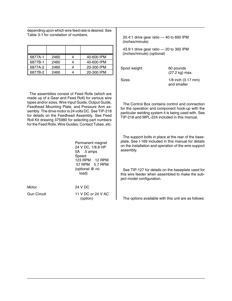 Tabulated data, Control box assembly, Wire reel support assembly | Baseplate, Options | Tweco 2460 Heavy Duty CC CV Control Wire Feeder User Manual | Page 14 / 58