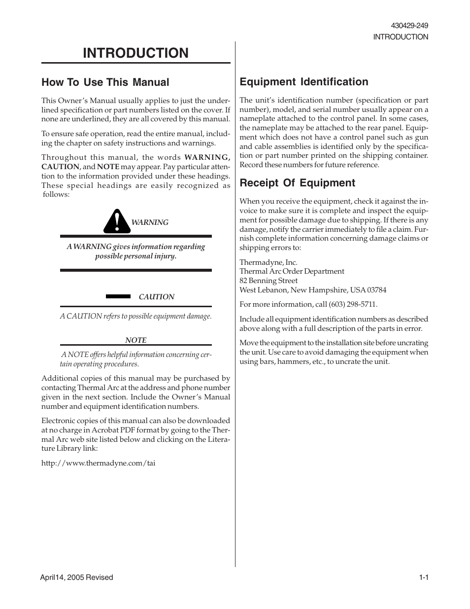 Introduction, How to use this manual, Equipment identification | Receipt of equipment | Tweco 2460 Heavy Duty CC CV Control Wire Feeder User Manual | Page 4 / 58