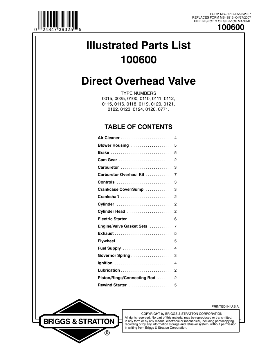 Briggs & Stratton 100600 User Manual | 12 pages