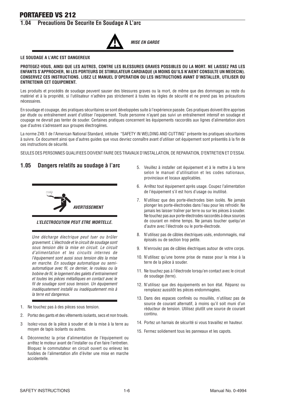 04 precautions de securite en soudage a l'arc, 05 dangers relatifs au soudage à l'arc, Portafeed vs 212 | 04 precautions de securite en soudage a l’arc, 05 dangers relatifs au soudage à l’arc | Tweco VS 212 PortaFeed User Manual | Page 12 / 54