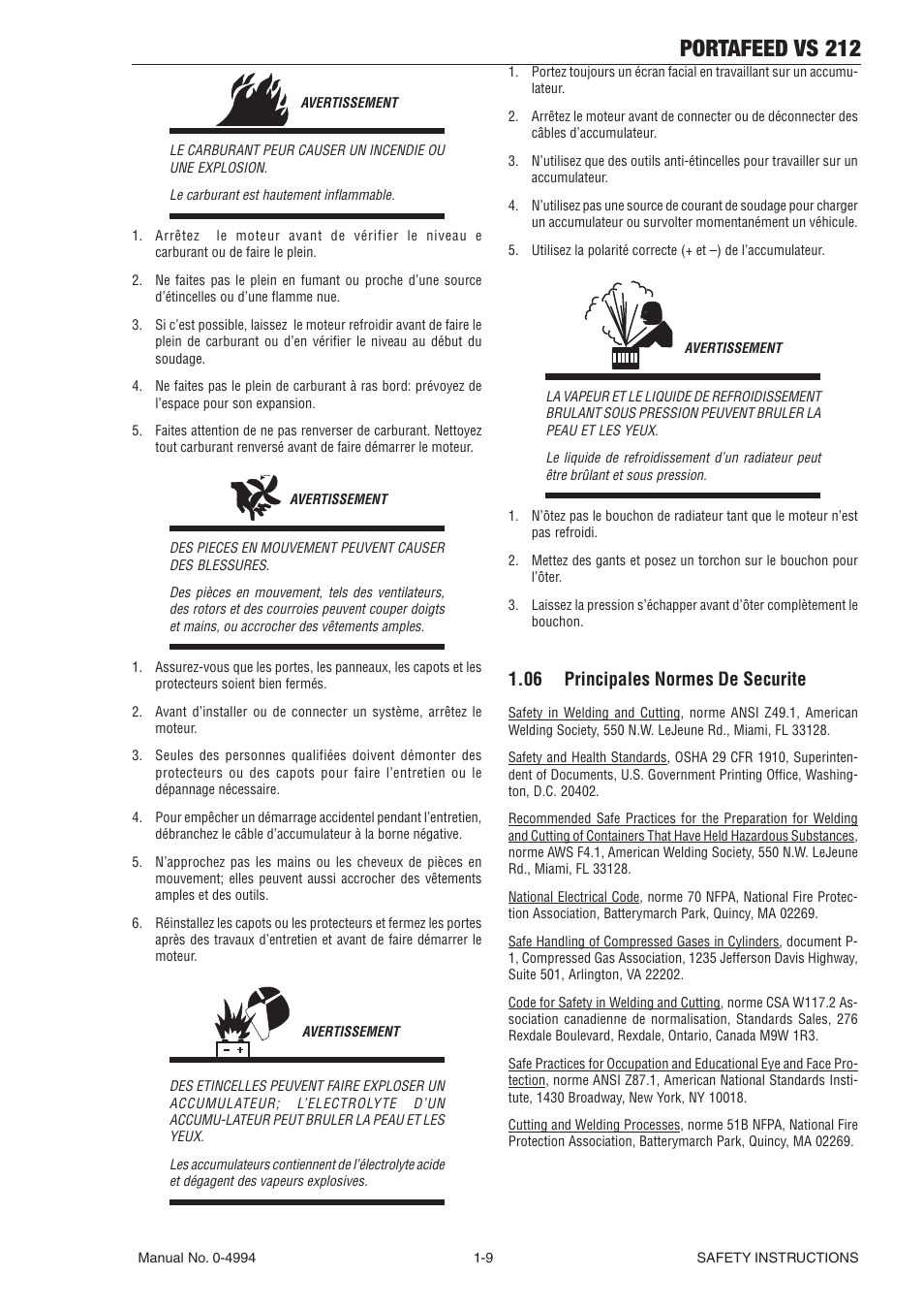 06 principales normes de securite, 06 principales normes de securite -9, Portafeed vs 212 | Tweco VS 212 PortaFeed User Manual | Page 15 / 54