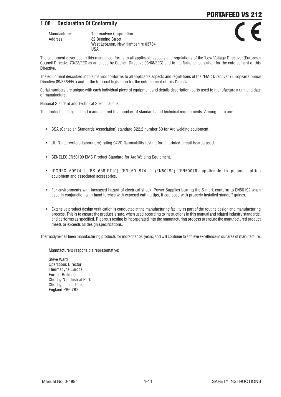 08 declaration of conformity, 08 declaration of conformity -11, Portafeed vs 212 | Tweco VS 212 PortaFeed User Manual | Page 17 / 54