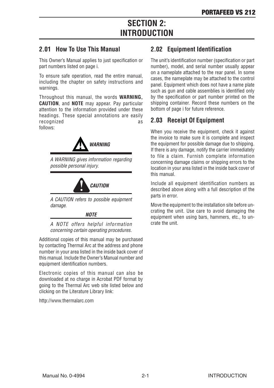 Section 2: introduction, 01 how to use this manual, 02 equipment identification | 03 receipt of equipment, Section 2, Introduction -1, Portafeed vs 212 | Tweco VS 212 PortaFeed User Manual | Page 19 / 54