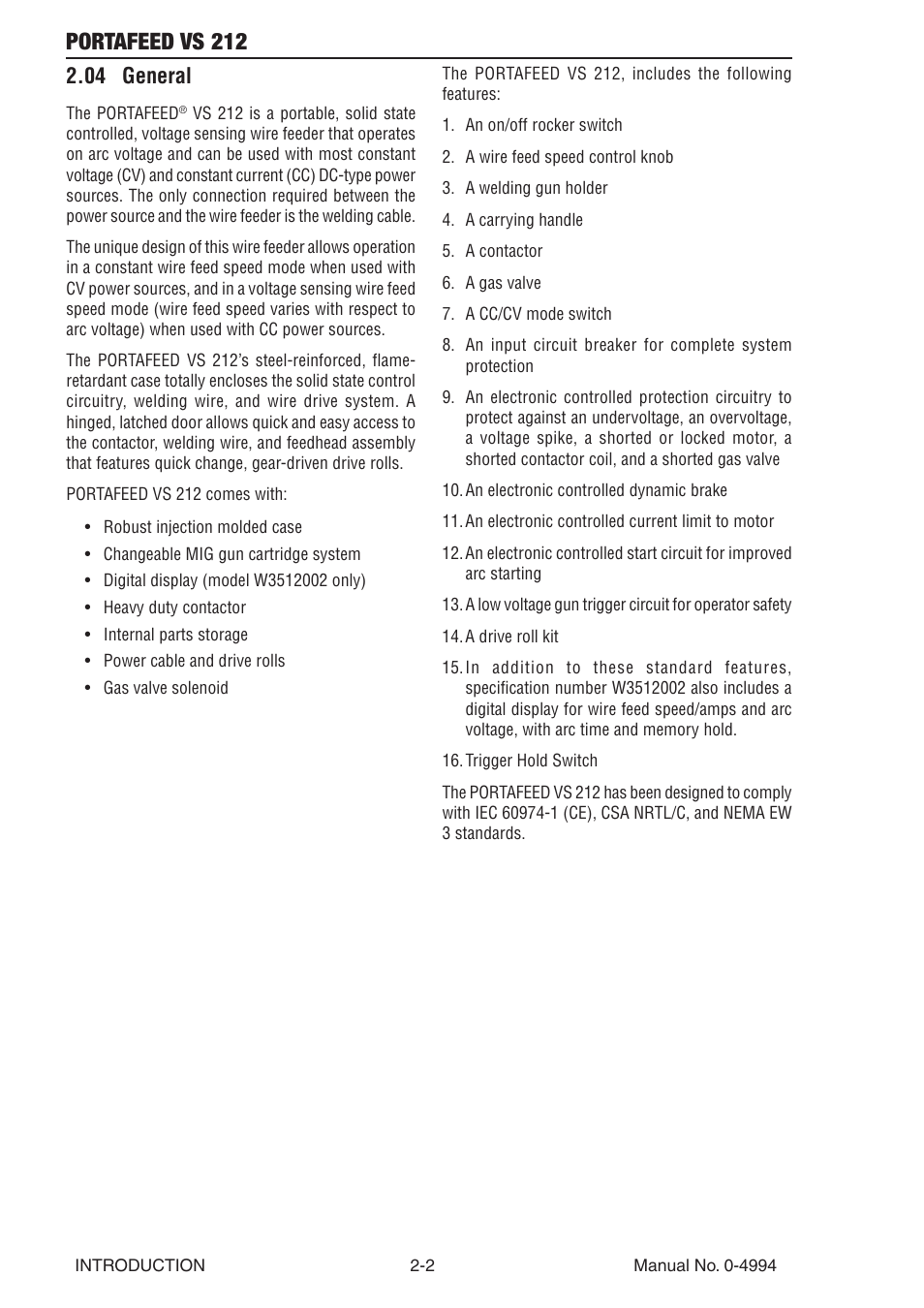 04 general, 04 general -2, Portafeed vs 212 | Tweco VS 212 PortaFeed User Manual | Page 20 / 54