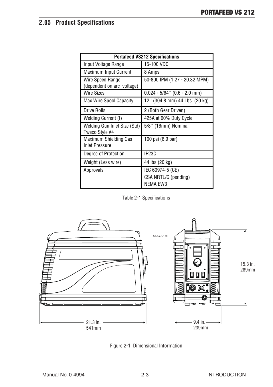 05 product specifications, 05 product specifications -3, Portafeed vs 212 | Tweco VS 212 PortaFeed User Manual | Page 21 / 54