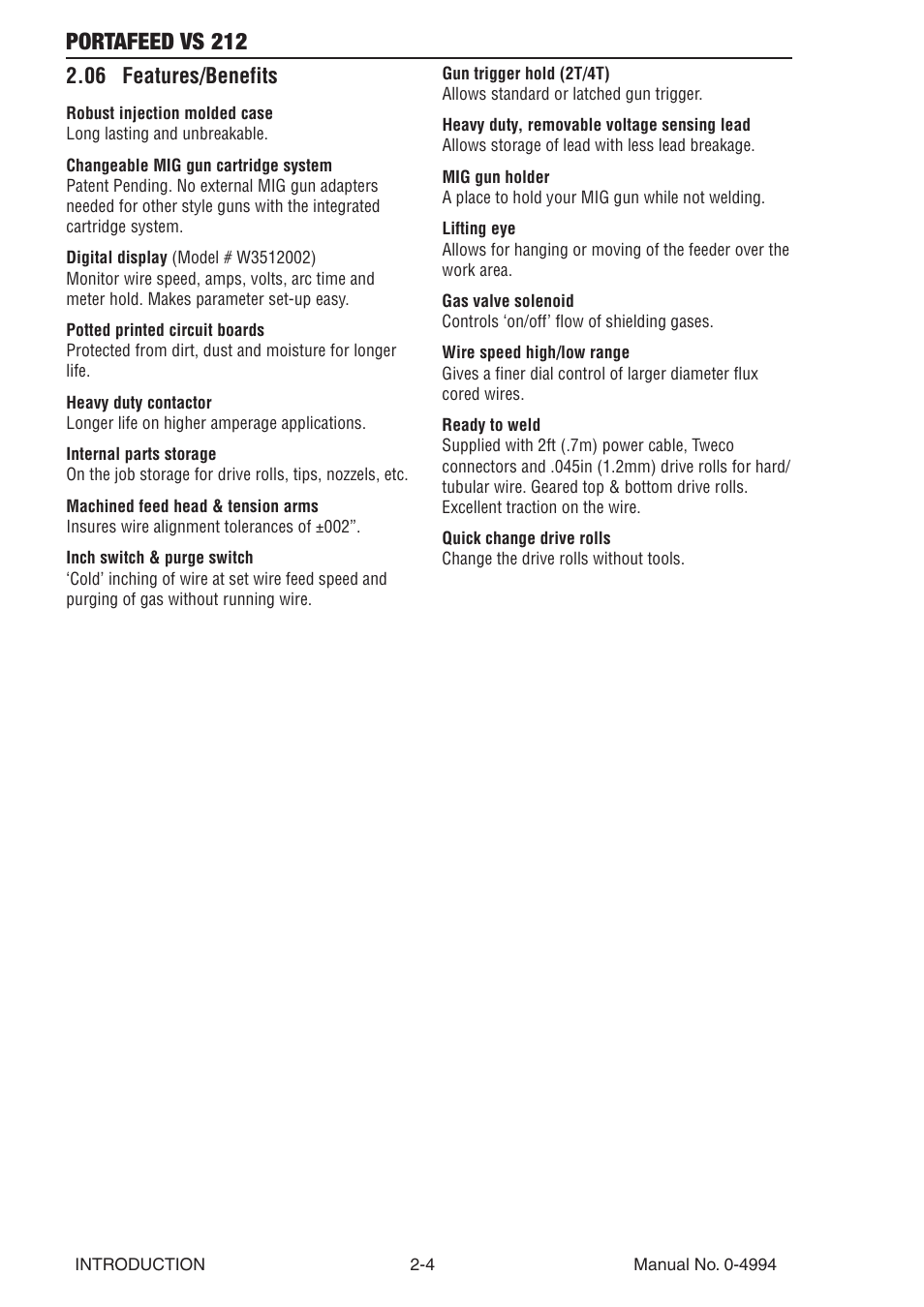 06 features/benefits, 06 features/benefits -4, Portafeed vs 212 | Tweco VS 212 PortaFeed User Manual | Page 22 / 54