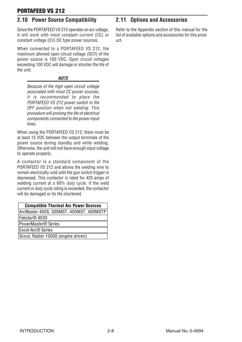 10 power source compatibility, 11 options and accessories, Portafeed vs 212 | Tweco VS 212 PortaFeed User Manual | Page 26 / 54