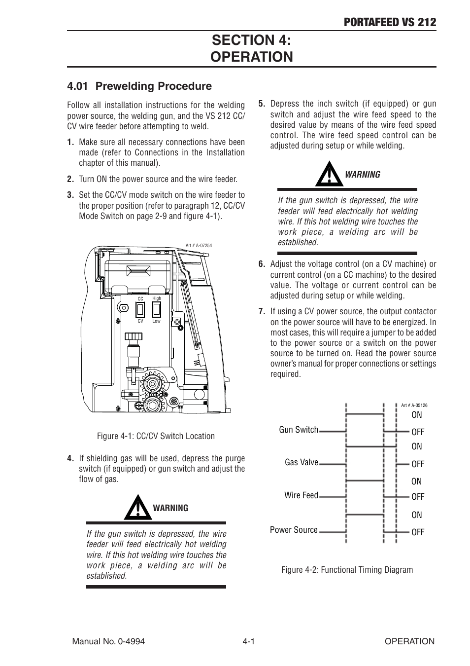 Section 4: operation, 01 prewelding procedure, Section 4 | Operation -1, 01 prewelding procedure -1, Portafeed vs 212 | Tweco VS 212 PortaFeed User Manual | Page 33 / 54