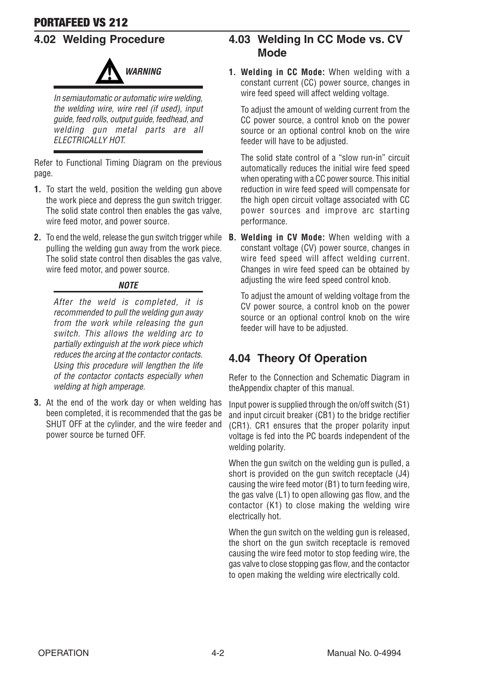 02 welding procedure, 03 welding in cc mode vs. cv mode, 04 theory of operation | Portafeed vs 212 | Tweco VS 212 PortaFeed User Manual | Page 34 / 54