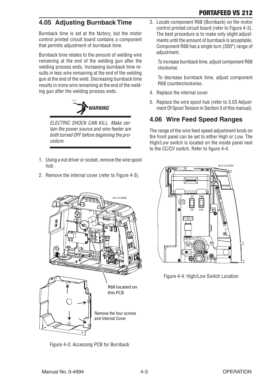 05 adjusting burnback time, 06 wire feed speed ranges, Portafeed vs 212 | Tweco VS 212 PortaFeed User Manual | Page 35 / 54