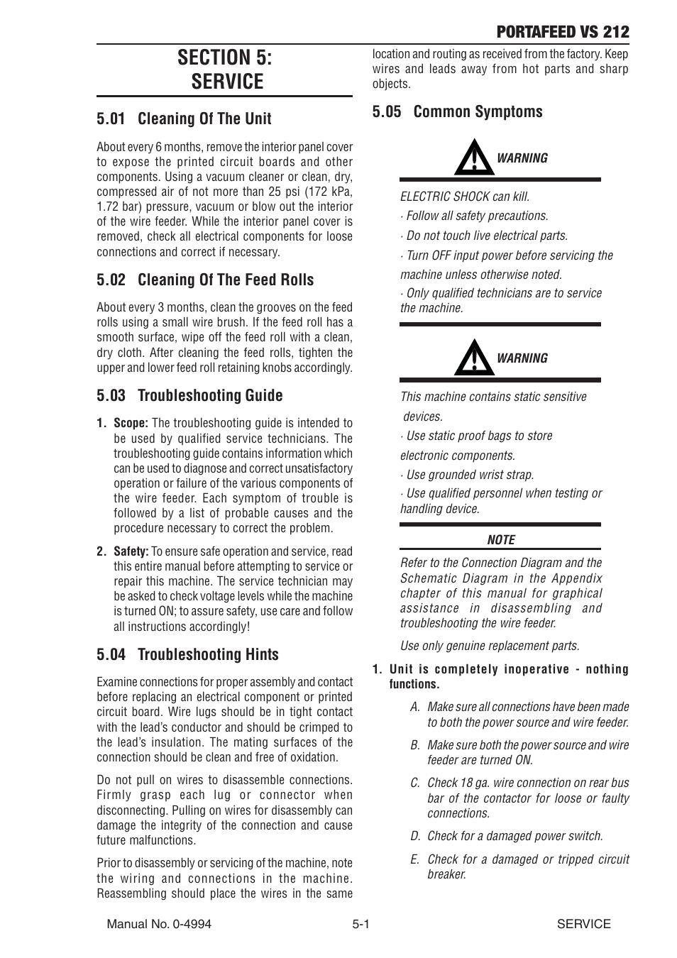 Section 5: service, 01 cleaning of the unit, 02 cleaning of the feed rolls | 03 troubleshooting guide, 04 troubleshooting hints, 05 common symptoms, Section 5, Service -1, Portafeed vs 212 | Tweco VS 212 PortaFeed User Manual | Page 39 / 54