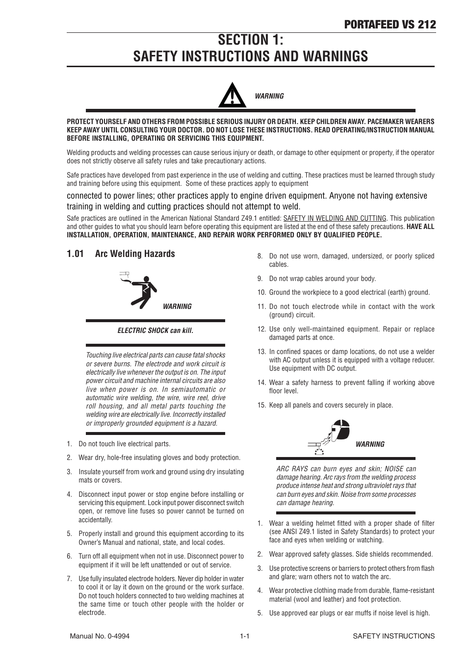 Section 1: safety instructions and warnings, 01 arc welding hazards, Section 1 | Safety instructions and warnings -1, 01 arc welding hazards -1, Portafeed vs 212 | Tweco VS 212 PortaFeed User Manual | Page 7 / 54