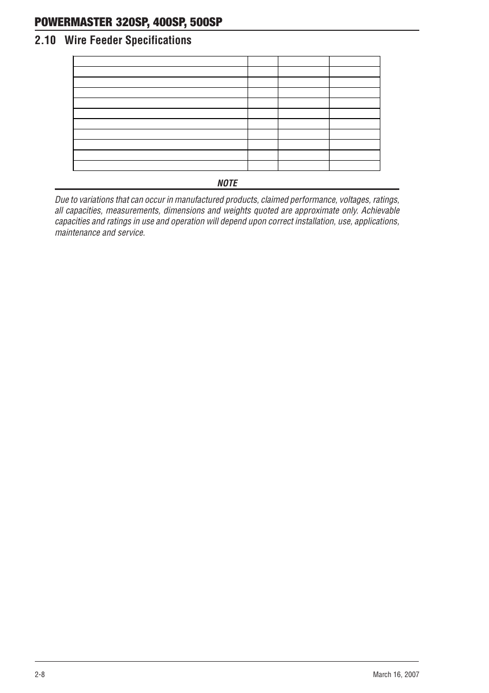 10 wire feeder specifications, 10 wire feeder specifications -8 | Tweco 500SP PowerMaster User Manual | Page 24 / 70