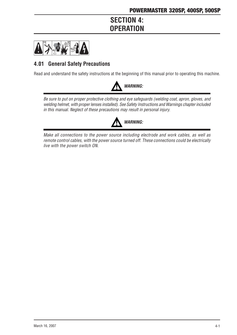 Section 4: operation, 01 general safety precautions, Section 4 | Operation -1, 01 general safety precautions -1 | Tweco 500SP PowerMaster User Manual | Page 39 / 70