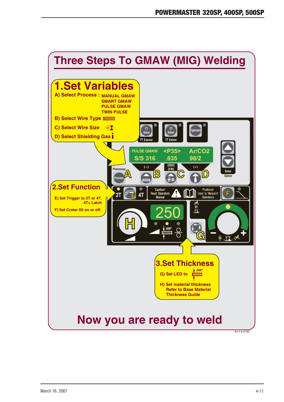 Now you are ready to weld, Set variables, Three steps to gmaw (mig) welding | Ab c d | Tweco 500SP PowerMaster User Manual | Page 49 / 70