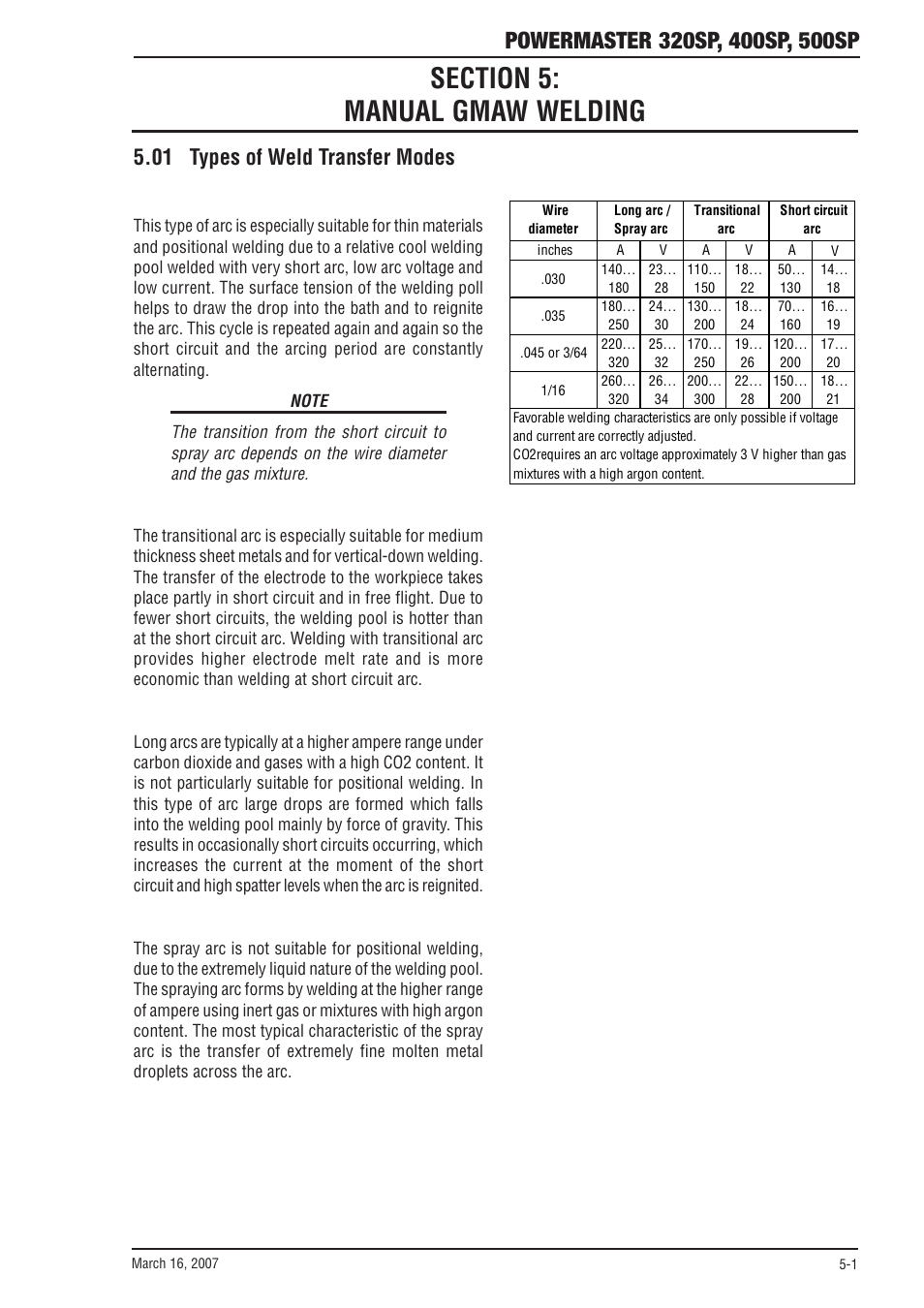 Section 5: manual gmaw welding, 01 types of weld transfer modes, Table of contents (continued) | Section 5, Manual gmaw welding -1, 01 types of weld transfer modes -1 | Tweco 500SP PowerMaster User Manual | Page 51 / 70