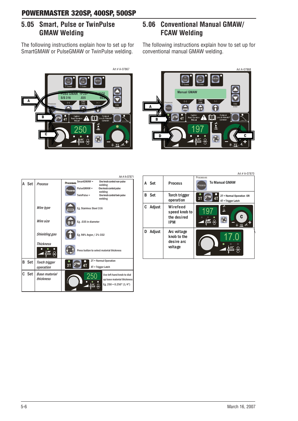 05 smart, pulse or twinpulse gmaw welding, 06 conventional manual gmaw/fcaw welding, 06 conventional manual gmaw/ fcaw welding | Tweco 500SP PowerMaster User Manual | Page 56 / 70