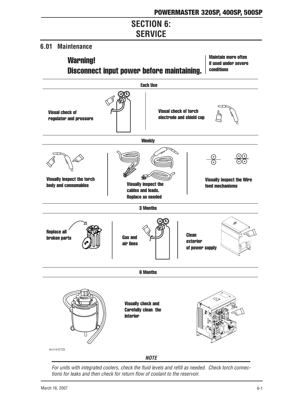 Section 6: service, 01 maintenance, Section 6 | Service -1, 01 maintenance -1, Warning! disconnect input power before maintaining | Tweco 500SP PowerMaster User Manual | Page 59 / 70