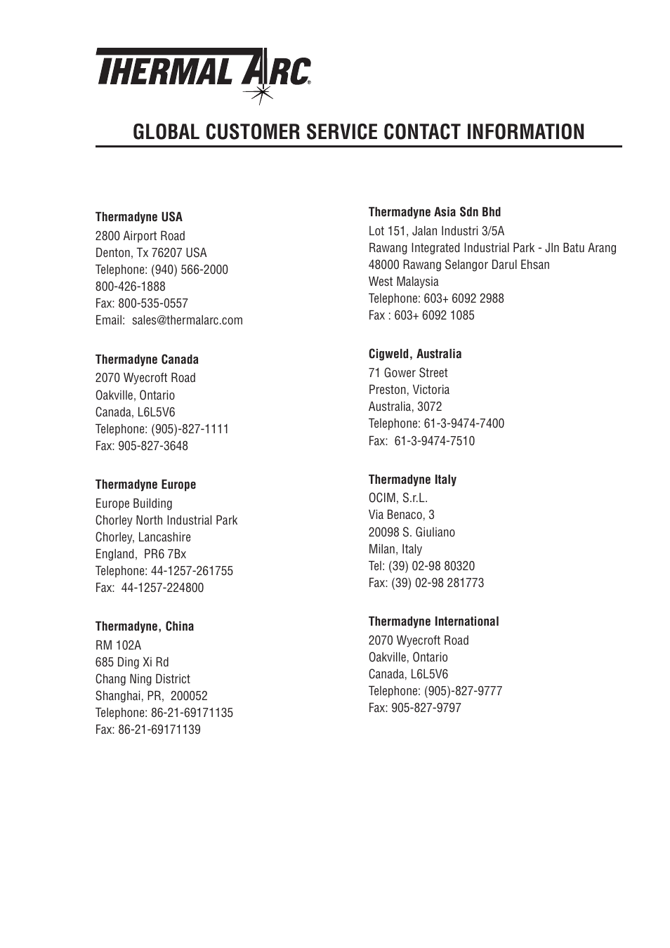 Global customer service contact information | Tweco 500SP PowerMaster User Manual | Page 69 / 70