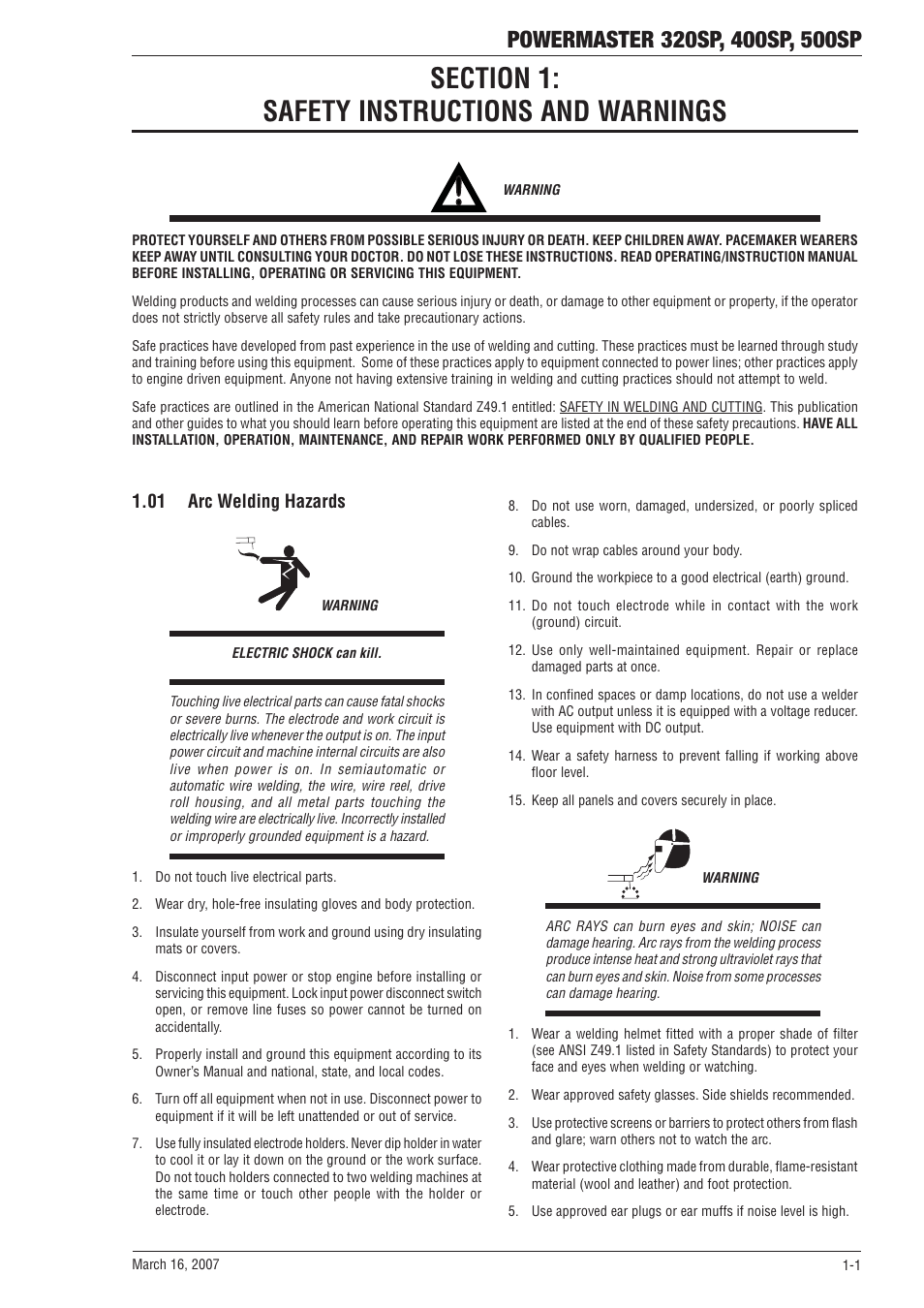 Section 1: safety instructions and warnings, 01 arc welding hazards, Section 1 | Safety instructions and warnings -1, 01 arc welding hazards -1 | Tweco 500SP PowerMaster User Manual | Page 7 / 70