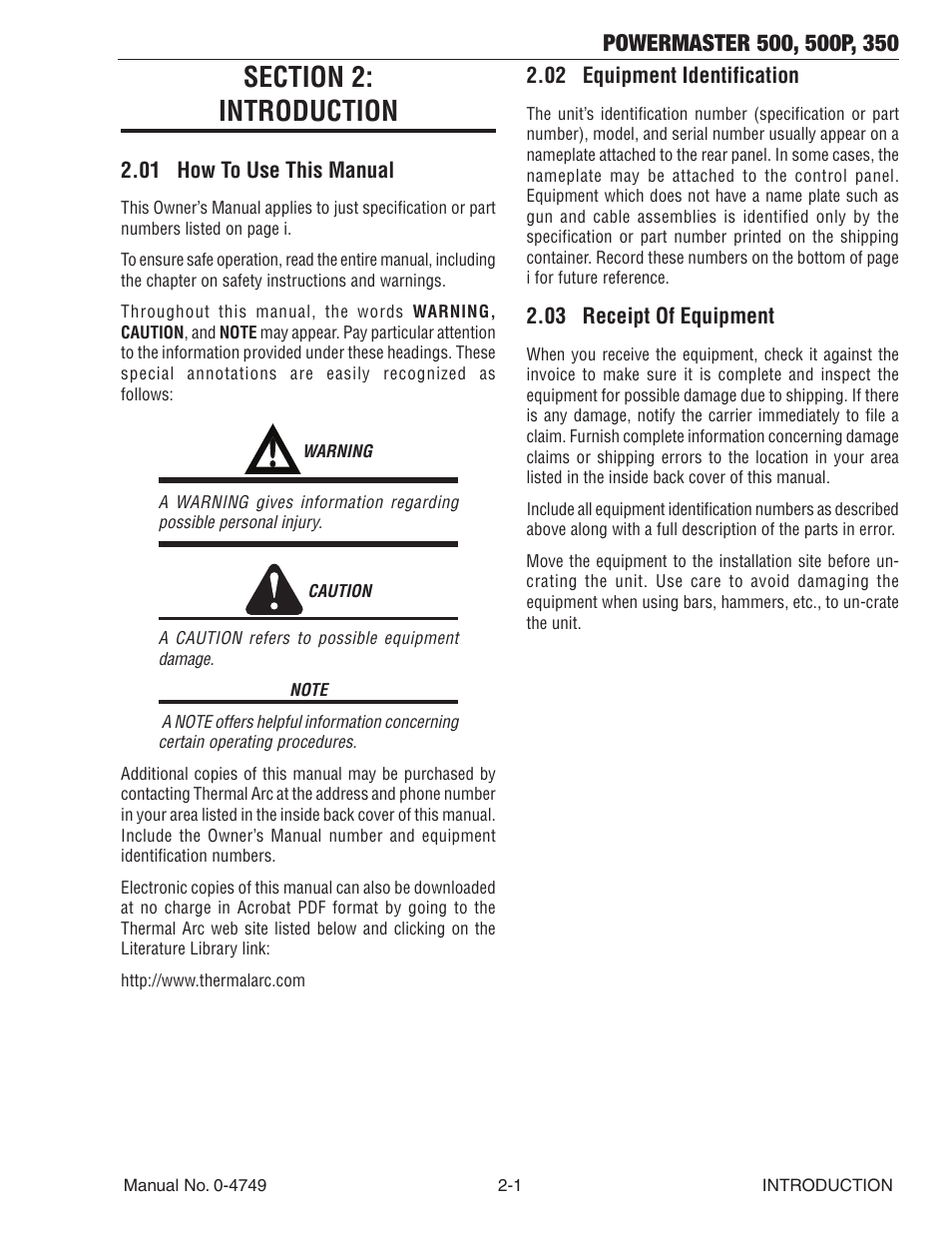 Section 2: introduction, 01 how to use this manual, 02 equipment identification | 03 receipt of equipment, Section 2, Introduction -1 | Tweco 500P PowerMaster User Manual | Page 17 / 70