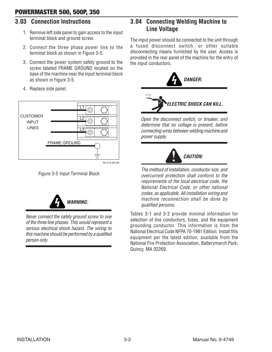 03 connection instructions, 04 connecting welding machine to line voltage | Tweco 500P PowerMaster User Manual | Page 26 / 70