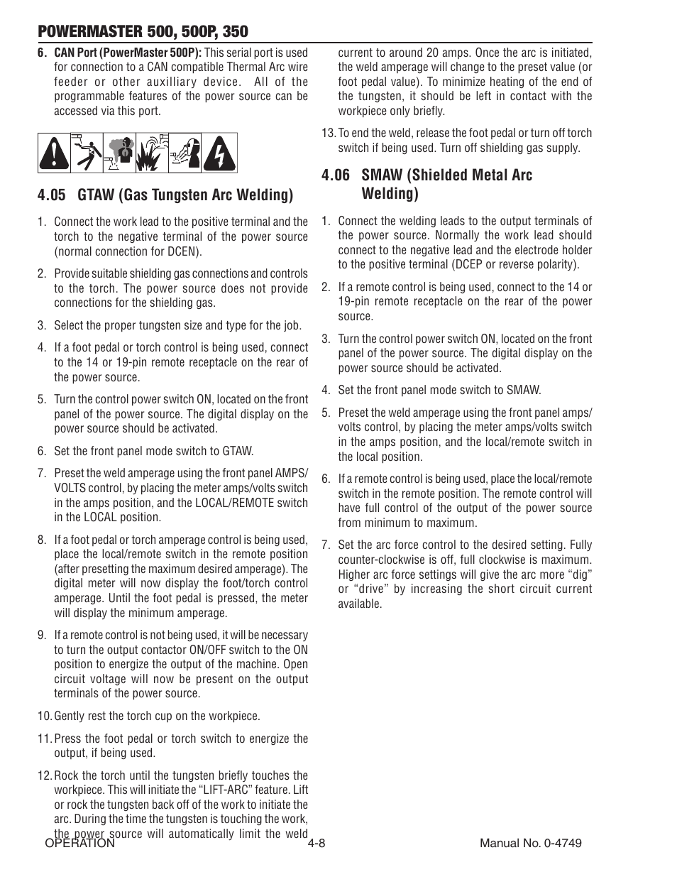 05 gtaw (gas tungsten arc welding), 06 smaw (shielded metal arc welding) | Tweco 500P PowerMaster User Manual | Page 40 / 70