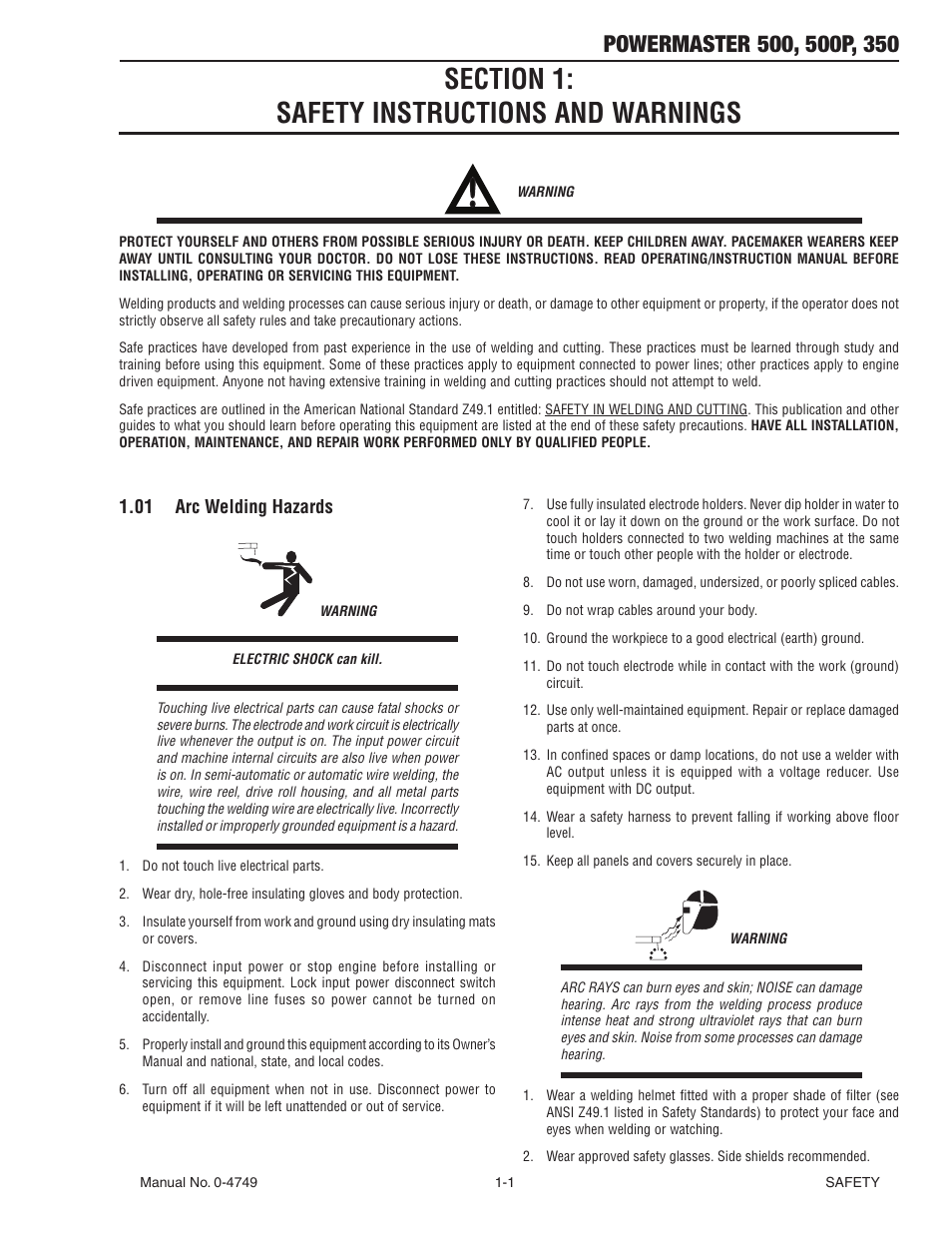 Section 1: safety instructions and warnings, 01 arc welding hazards, Section 1 | Safety instructions and warnings -1, 01 arc welding hazards -1 | Tweco 500P PowerMaster User Manual | Page 7 / 70