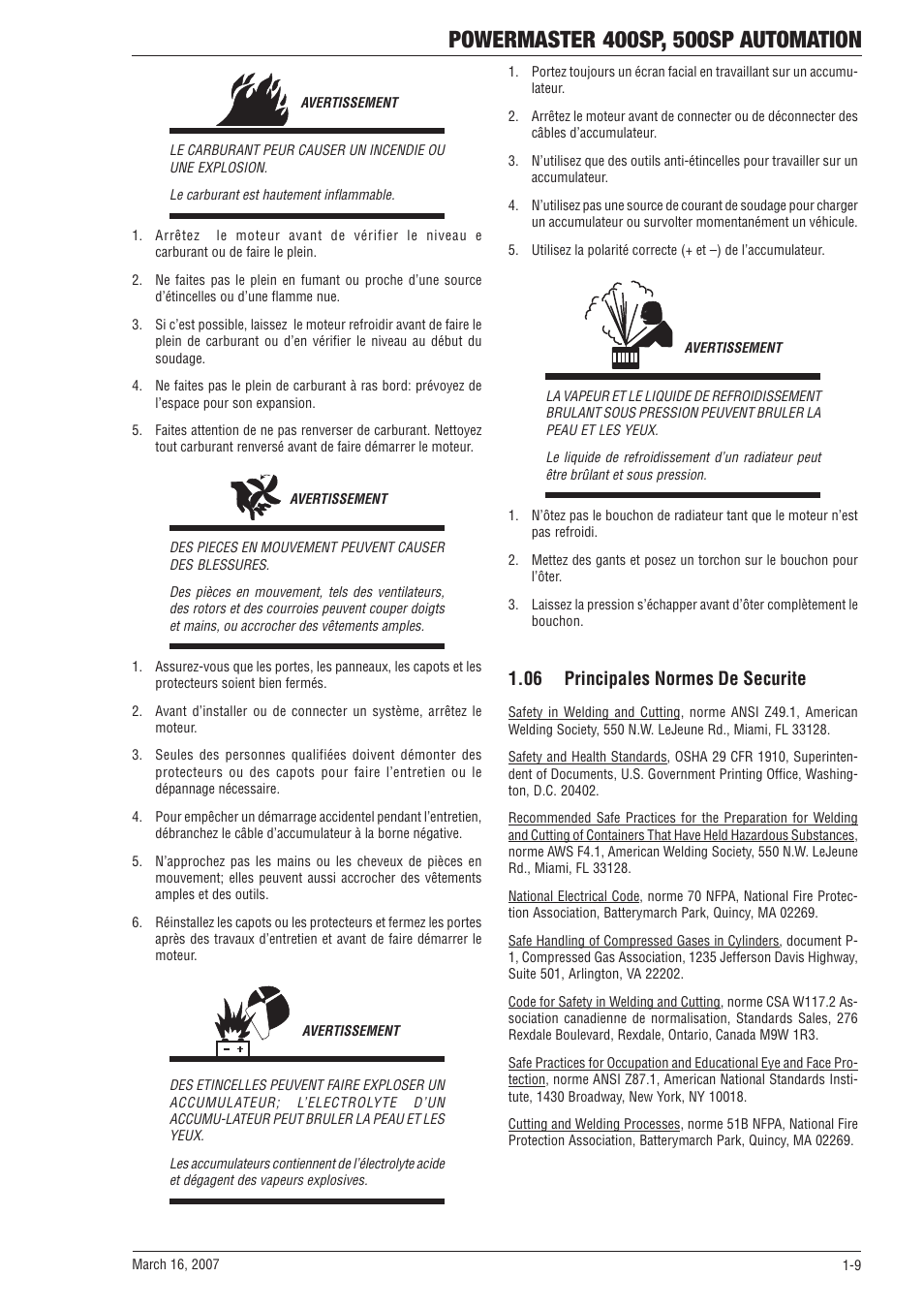 06 principales normes de securite, 06 principales normes de securite -9 | Tweco 500SP PowerMaster Automation User Manual | Page 15 / 80
