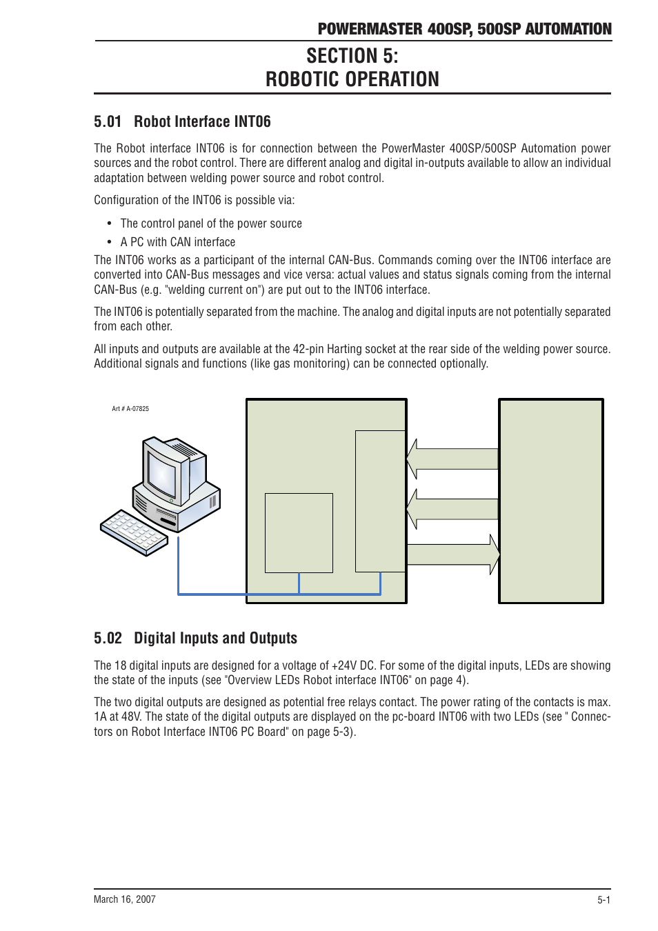 Section 5: robotic operation, 01 robot interface int06, 02 digital inputs and outputs | Table of contents (continued), Section 5, Robotic operation -1 | Tweco 500SP PowerMaster Automation User Manual | Page 49 / 80