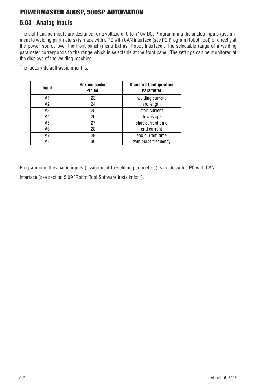 03 analog inputs, 03 analog inputs -2 | Tweco 500SP PowerMaster Automation User Manual | Page 50 / 80