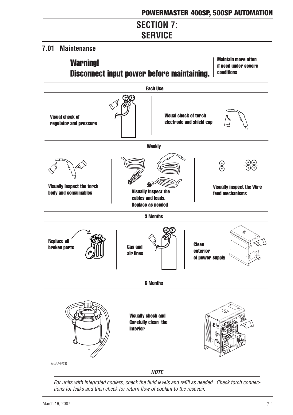 Section 7: service, 01 maintenance, Section 7 | Service -1, 01 maintenance -1, Warning! disconnect input power before maintaining | Tweco 500SP PowerMaster Automation User Manual | Page 69 / 80