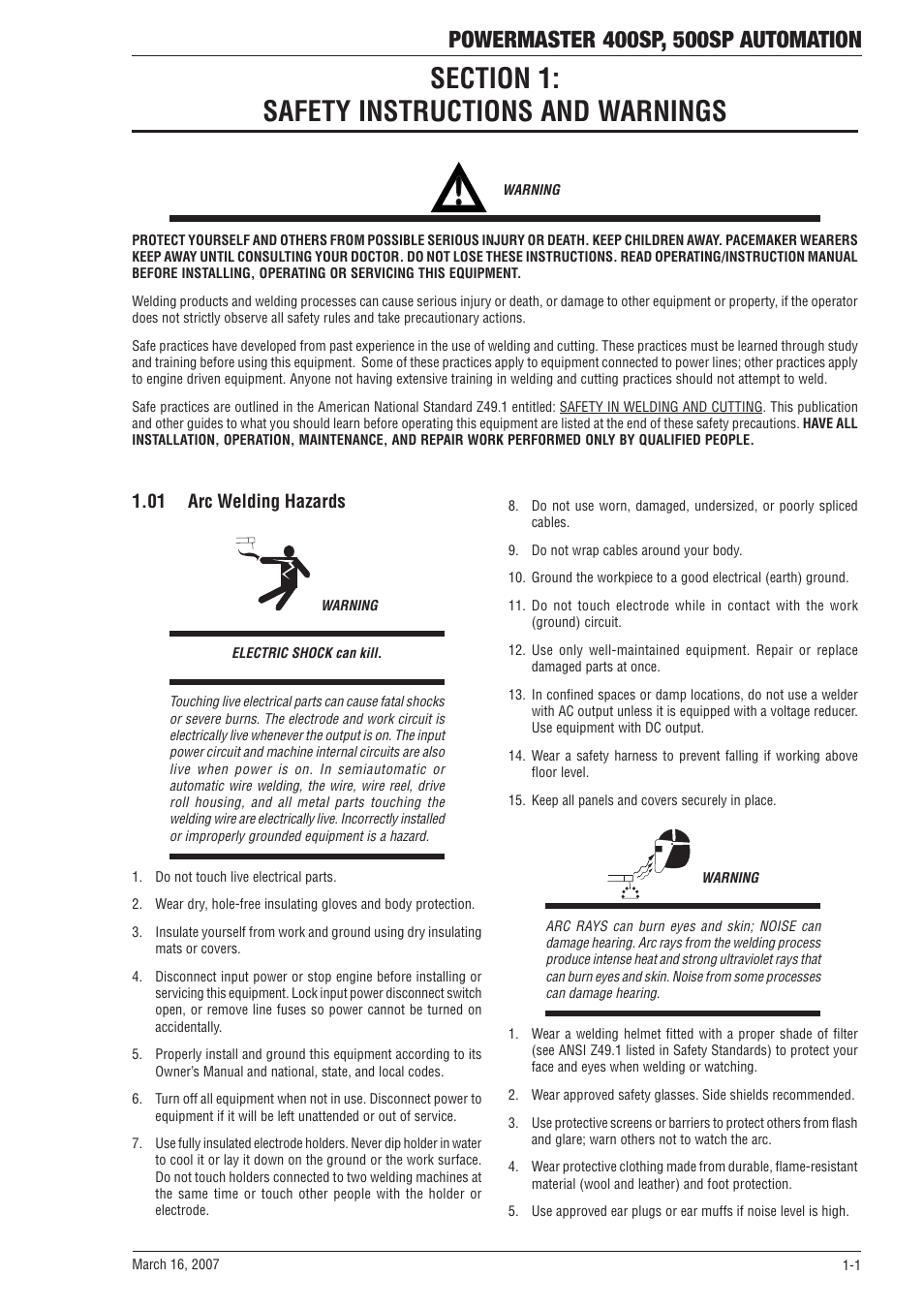 Section 1: safety instructions and warnings, 01 arc welding hazards, Section 1 | Safety instructions and warnings -1, 01 arc welding hazards -1 | Tweco 500SP PowerMaster Automation User Manual | Page 7 / 80