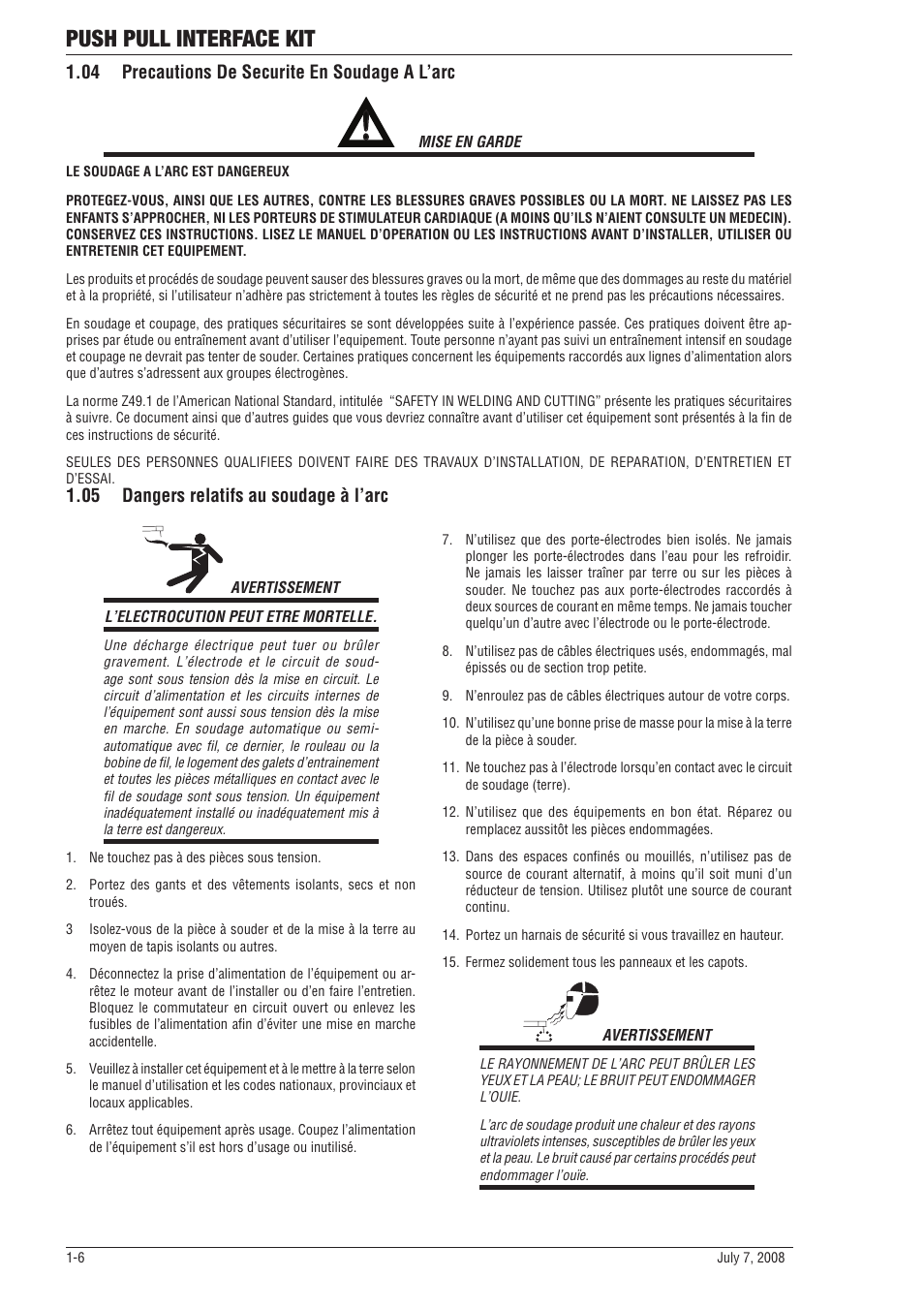 04 precautions de securite en soudage a l’arc, 05 dangers relatifs au soudage à l’arc, Push pull interface kit | Tweco SP SERIE PowerMaster User Manual | Page 10 / 32