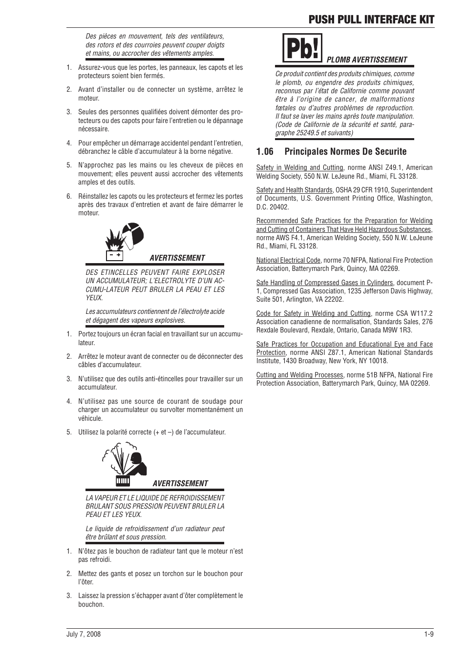 06 principales normes de securite, 06 principales normes de securite -9, Push pull interface kit | Tweco SP SERIE PowerMaster User Manual | Page 13 / 32