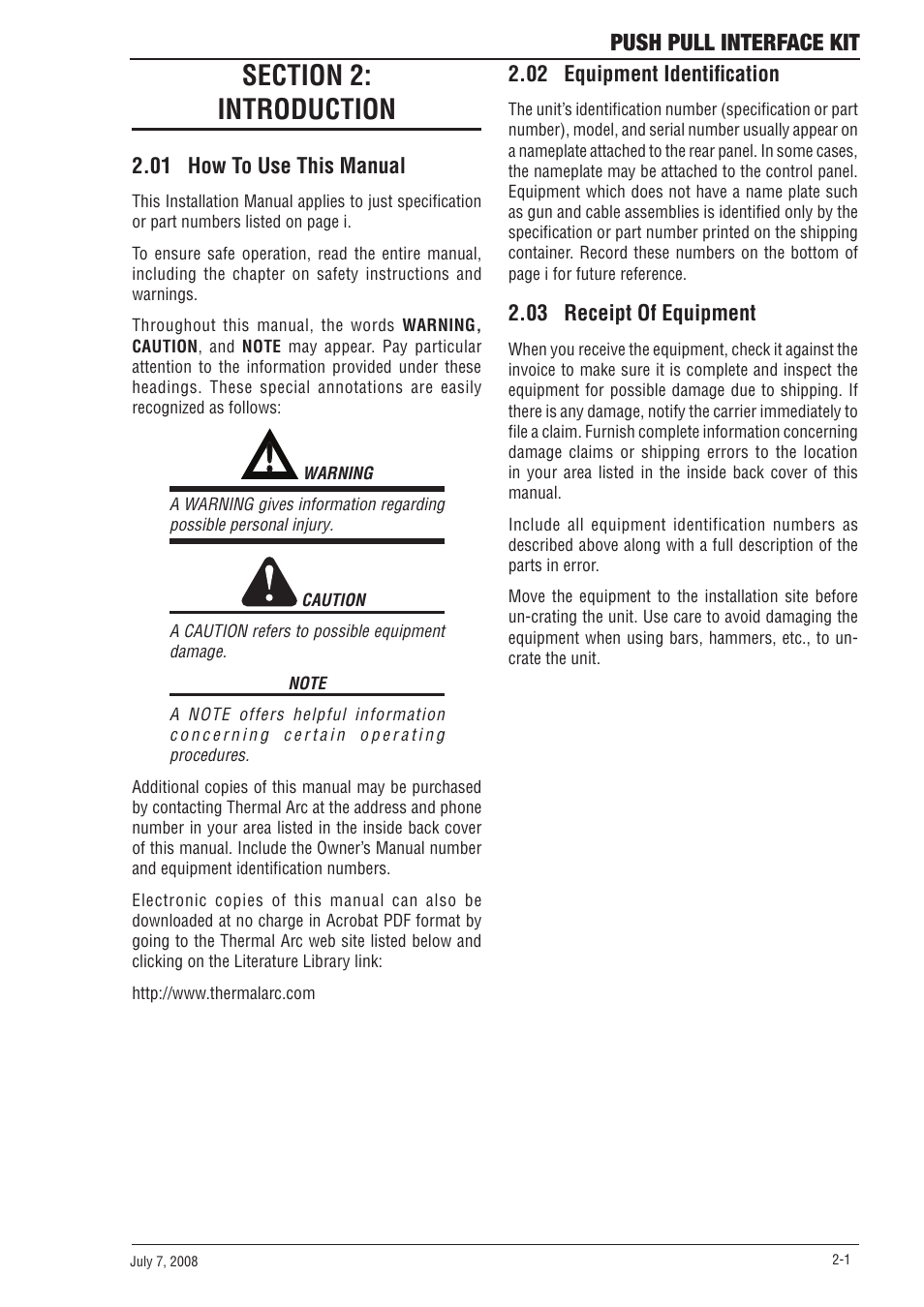 Section 2:introduction, 01 how to use this manual, 02 equipment identification | 03 receipt of equipment, Section 2, Introduction -1, Push pull interface kit | Tweco SP SERIE PowerMaster User Manual | Page 15 / 32