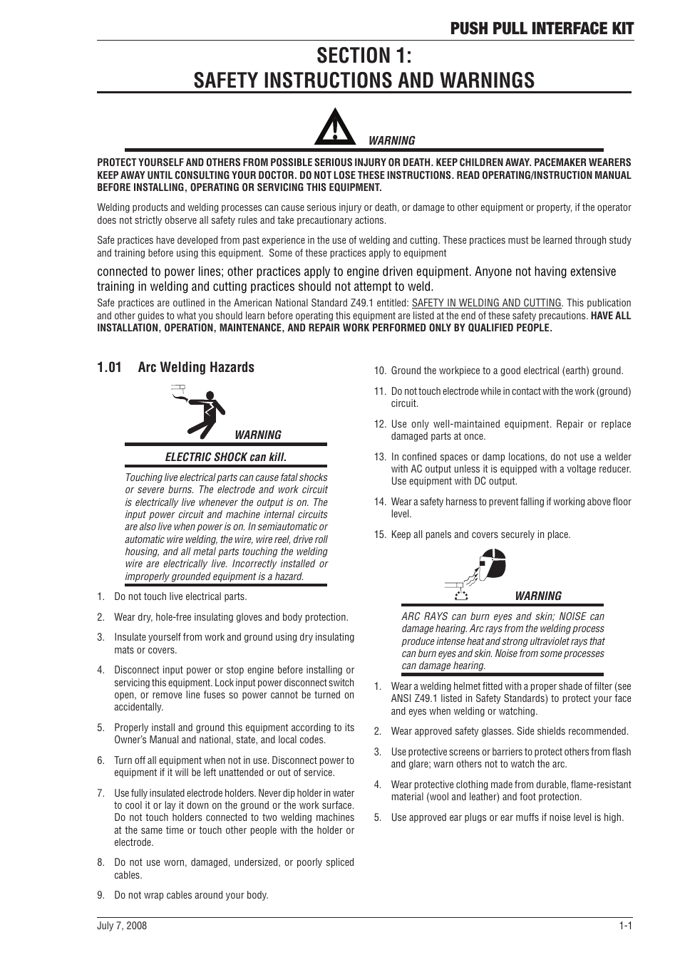 Section 1:safety instructions and warnings, 01 arc welding hazards, Section 1 | Safety instructions and warnings -1, 01 arc welding hazards -1, Push pull interface kit | Tweco SP SERIE PowerMaster User Manual | Page 5 / 32