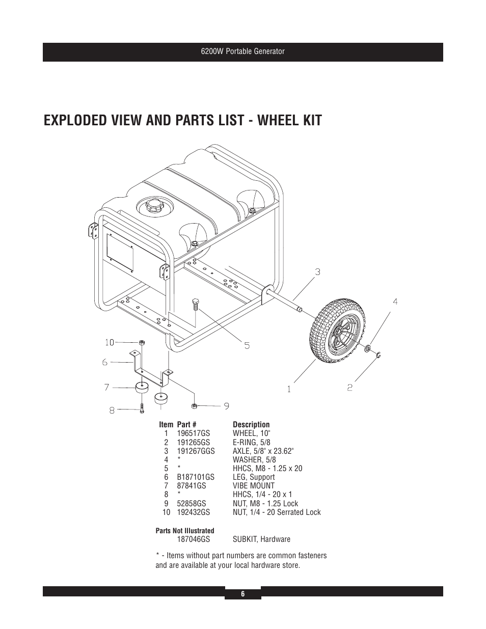 Exploded view and parts list - wheel kit | Briggs & Stratton 30386 User Manual | Page 6 / 6