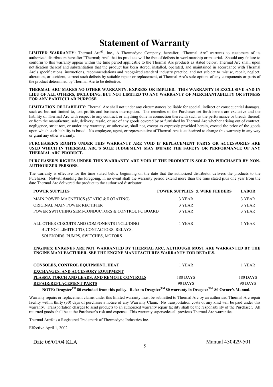 Statement of warranty | Tweco Raider 10,000 Pro User Manual | Page 5 / 34