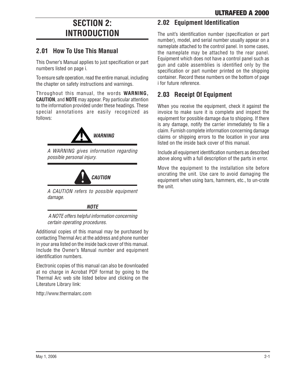 Section 2: introduction, 01 how to use this manual, 02 equipment identification | 03 receipt of equipment, Section 2, Introduction -1, Ultrafeed a 2000 | Tweco A 2000 Ultra-Feed User Manual | Page 17 / 44