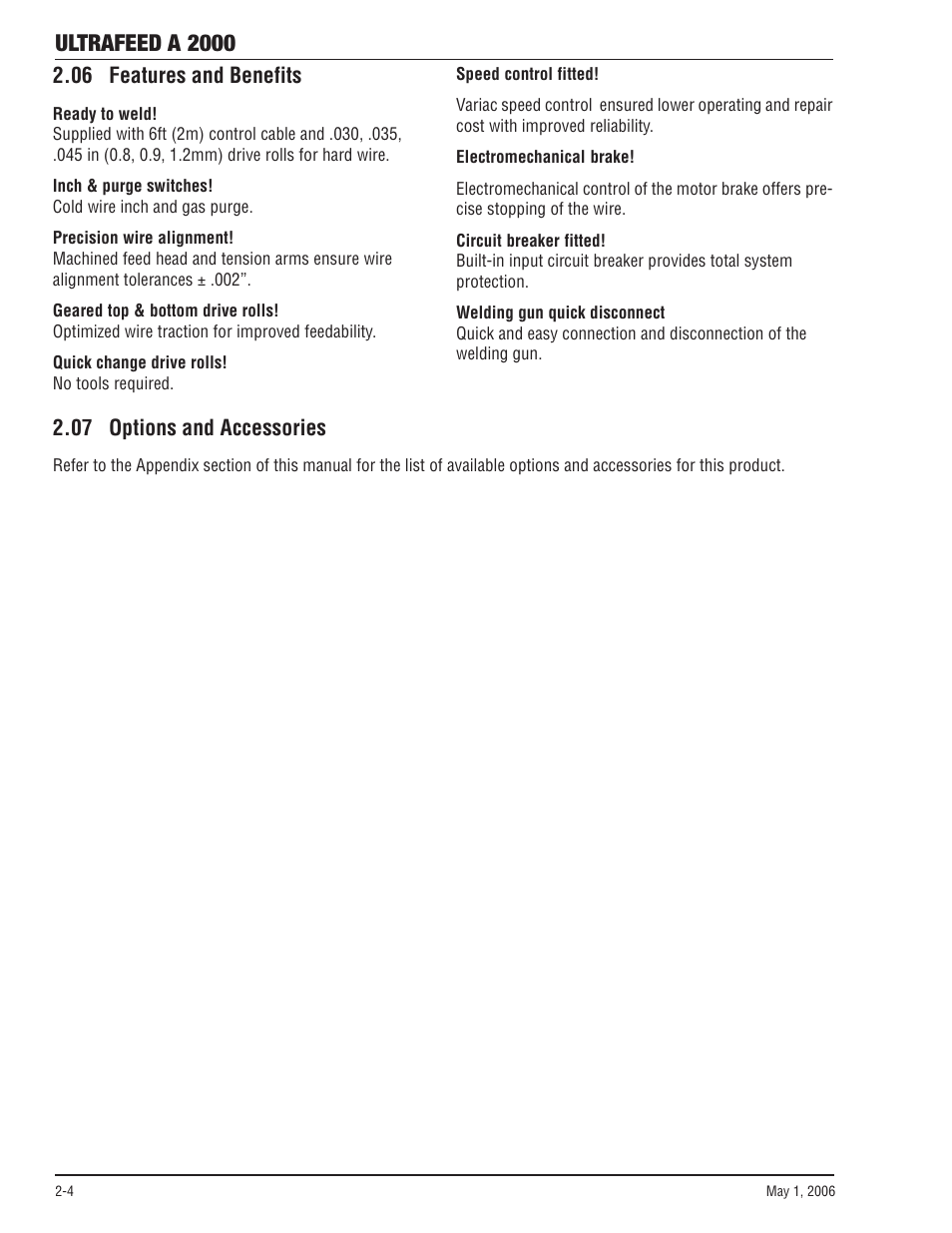06 features and benefits, 07 options and accessories, Ultrafeed a 2000 | Tweco A 2000 Ultra-Feed User Manual | Page 20 / 44