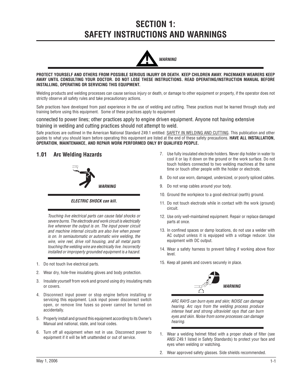 Section 1: safety instructions and warnings, 01 arc welding hazards, Section 1 | Safety instructions and warnings -1, 01 arc welding hazards -1 | Tweco A 2000 Ultra-Feed User Manual | Page 7 / 44