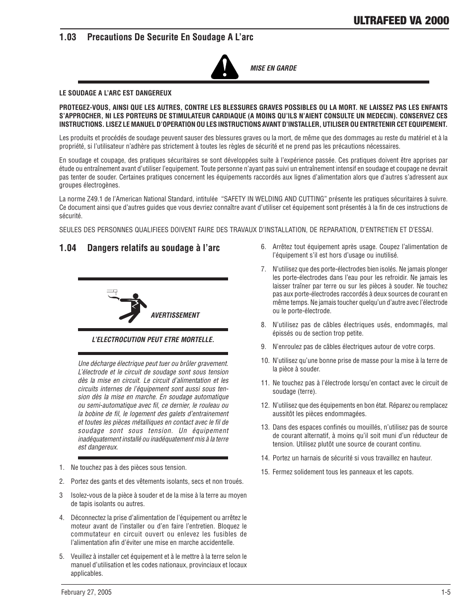 03 precautions de securite en soudage a l'arc, 04 dangers relatifs au soudage à l'arc, Ultrafeed va 2000 | Tweco VA 2000 Ultra-Feed User Manual | Page 11 / 50